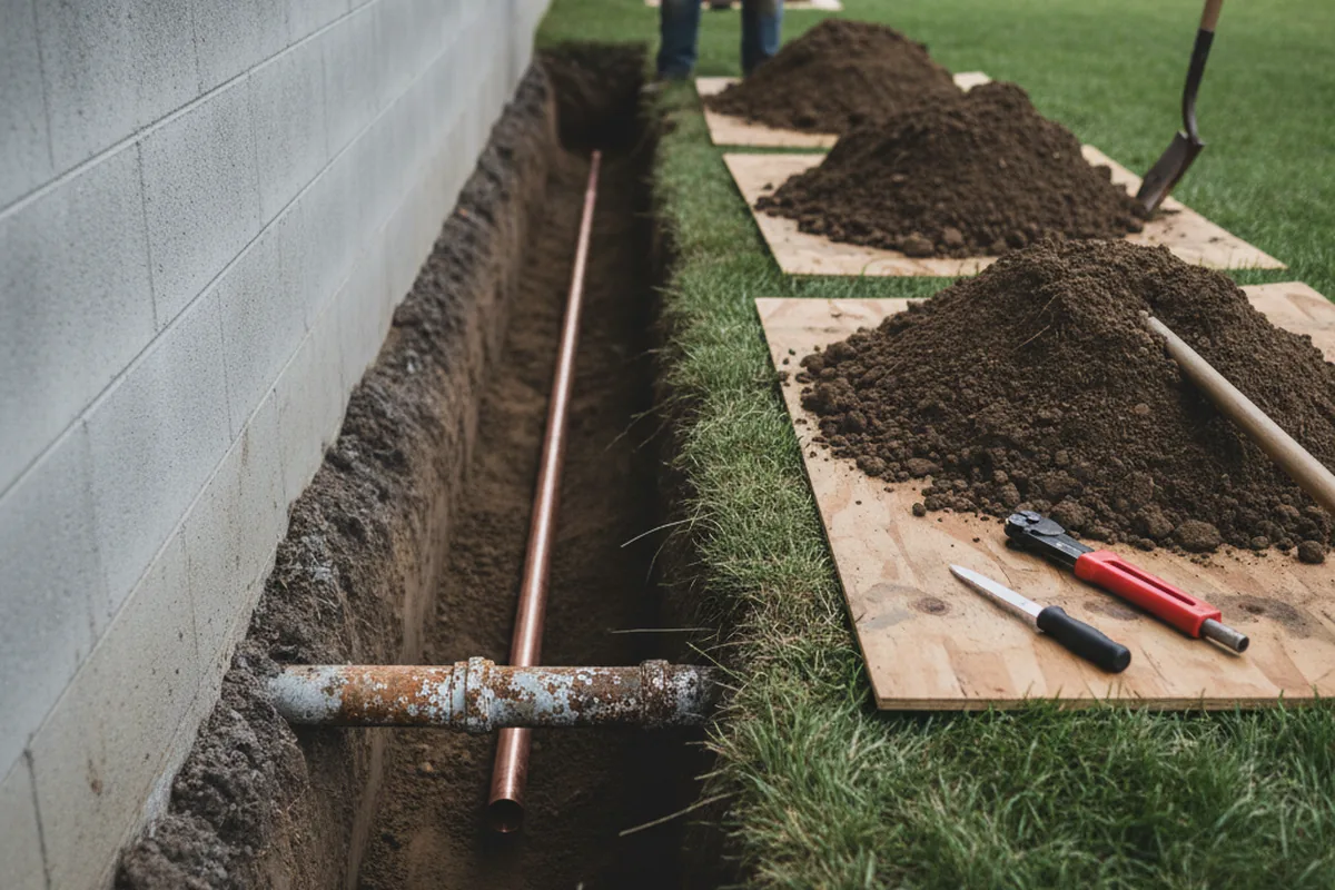 Excavated water line trench during Water Softener Installation in Glenarm